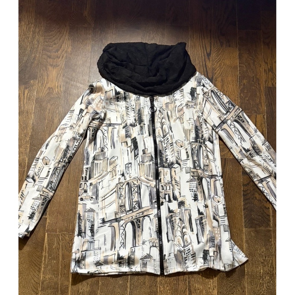 Michael Tyler Womens Small Black Pullover Zip Cowl Neck Top City Print NWT